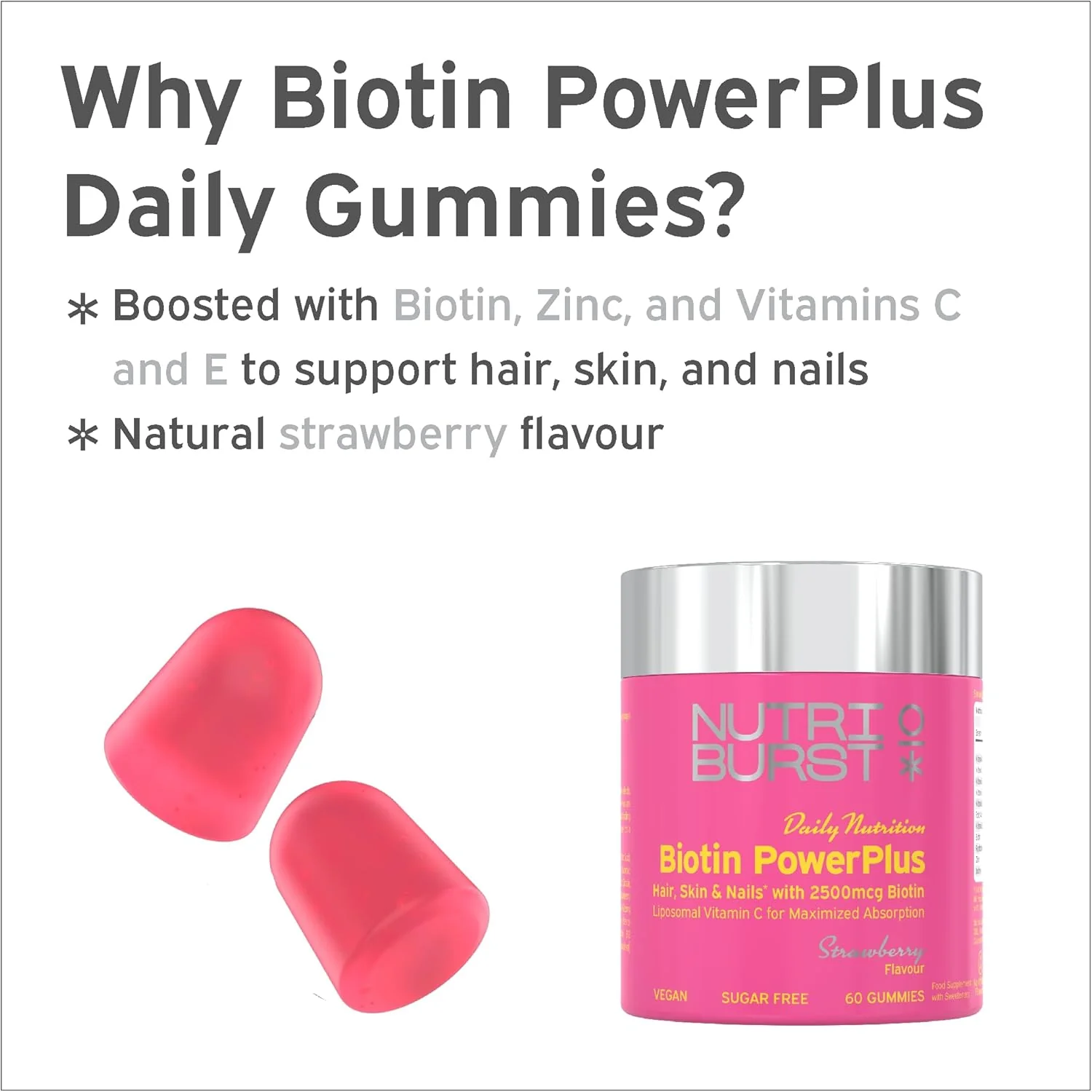 Nutriburst Biotin Power Plus 2500mcg Ζελεδάκια με Βιταμίνη C 60 Count - Image 2