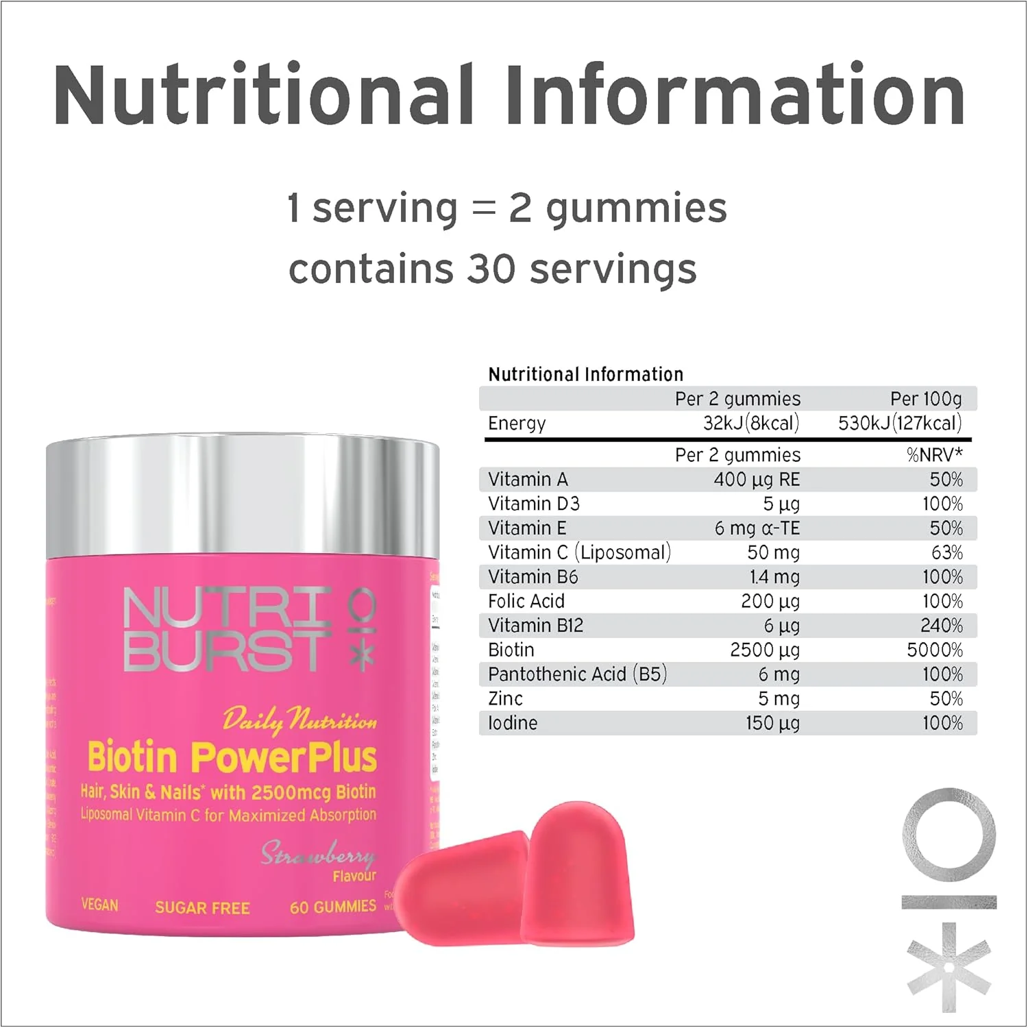 Nutriburst Biotin Power Plus 2500mcg Ζελεδάκια με Βιταμίνη C 60 Count - Image 4