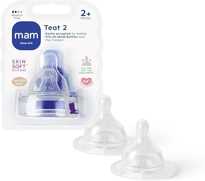 MAM Teats Size 2, Medium Flow, 2 Pack | Suitable from 2+ Months, Fits All MAM Bottles, Made from SkinSoft Silicone, Baby Accessories for Newborn
