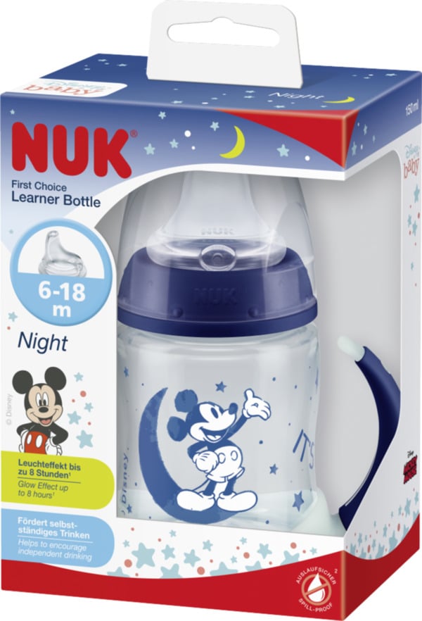 NUK NUK Disney Mickey Mouse First Choice Μπιμπερό Εκμάθησης Νύχτας, 150ml, στεγανό, 6-18 μηνών, 1 τμχ