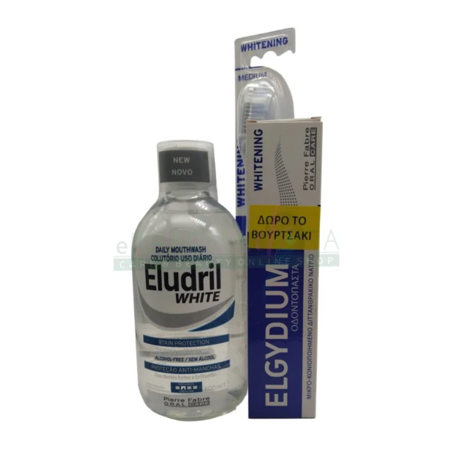 ELUDRIL KIT WHITENING. INCLUDES ELUDRIL WHITE ALCOHOL- FREE MOUTHWASH 500ML & TOOTHPASTE 75ML & TOOTHBRUSH MEDIUM