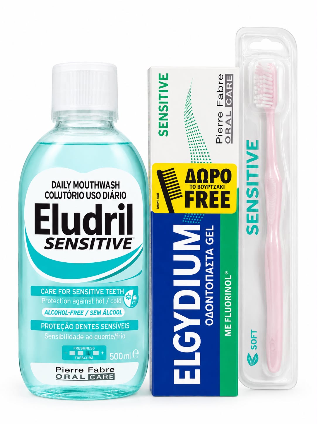 ELUDRIL KIT EVERY DAY SENSITIVE. INCLUDES ELUDRIL SENSITIVE MOUTHWASH 500ML, ELGYDIUM SENSITIVE TOOTHPASTE 75ML & FREE ELGYDIUM SENSITIVE TOOTHPASTE 20/100