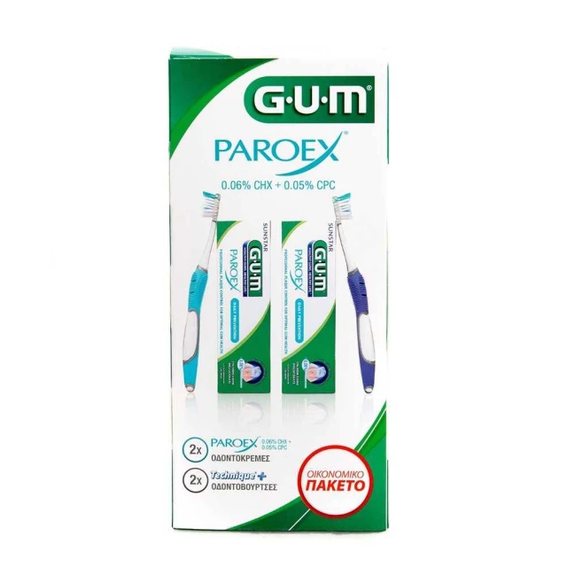 GUM PAROEX 0.06% SET. INCLUDES 2 PAROEX 0.06% TOOTHPASTES + 2 TOOTHBRUSES